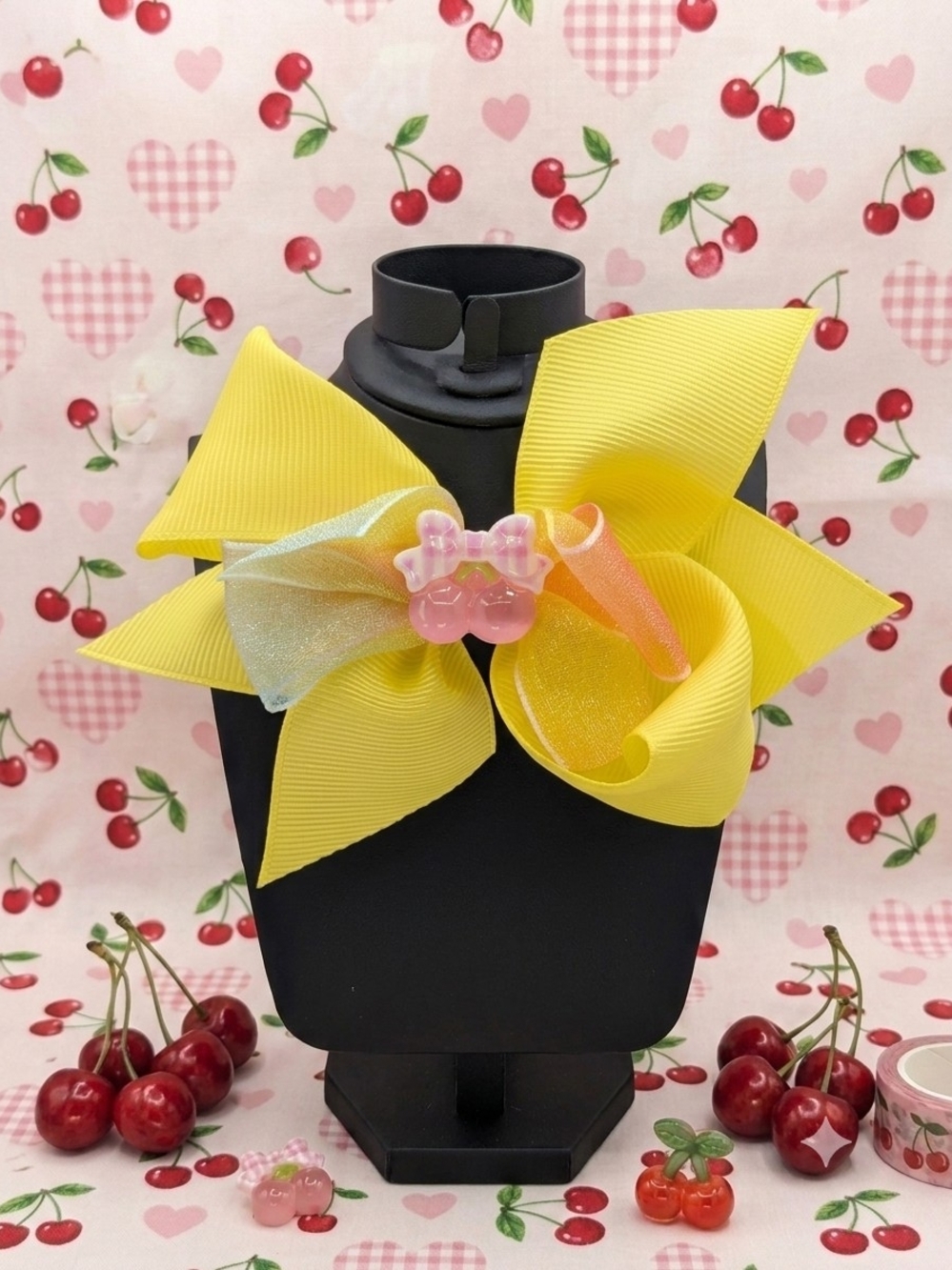 Yellow Medium Sized Cherry Themed Hairbow